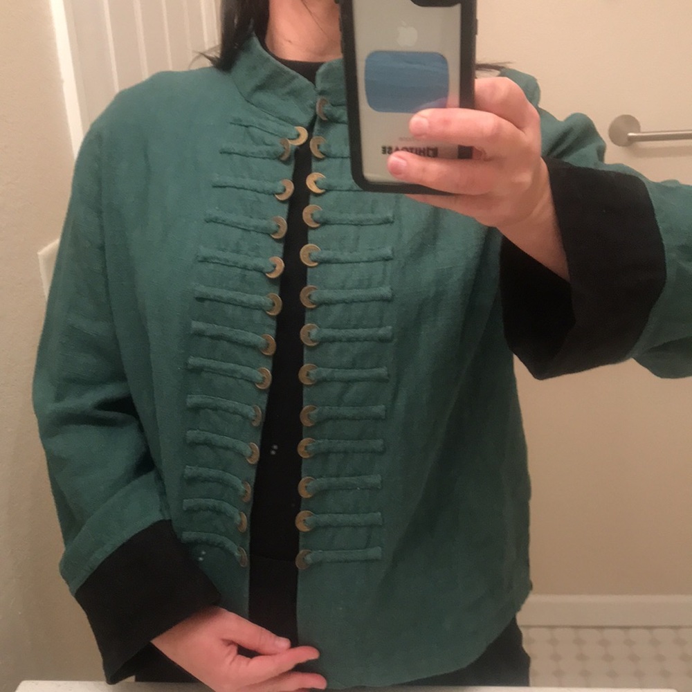 100% Linen Peacock Ways Open Thai Style Military-Inspired Coin Blazer Jacket